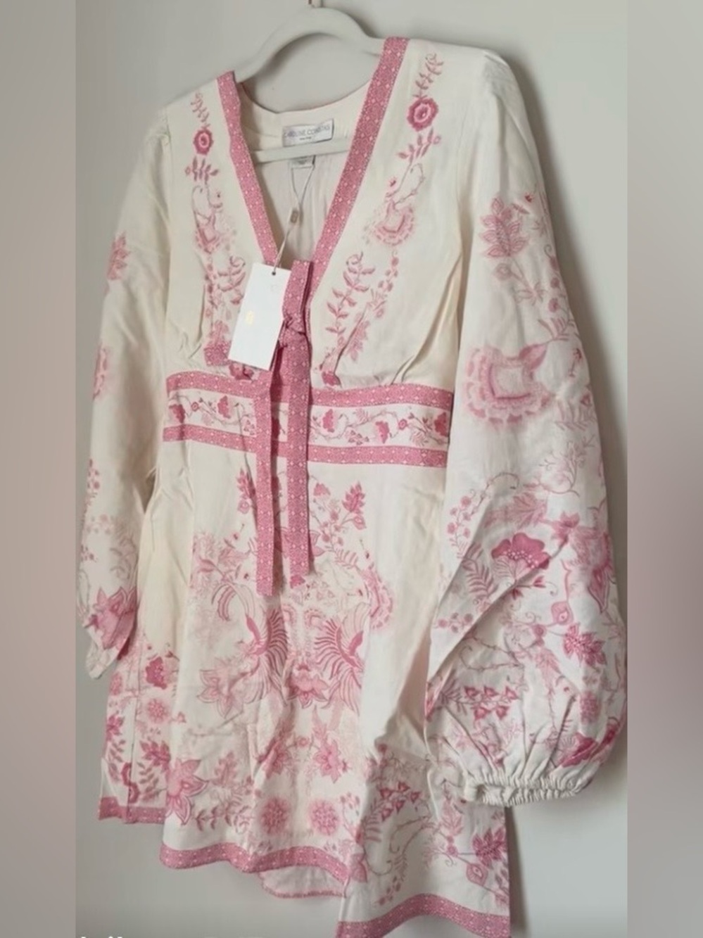 Caroline Constas Ivory Mini Dress with Pink Floral Embroidery